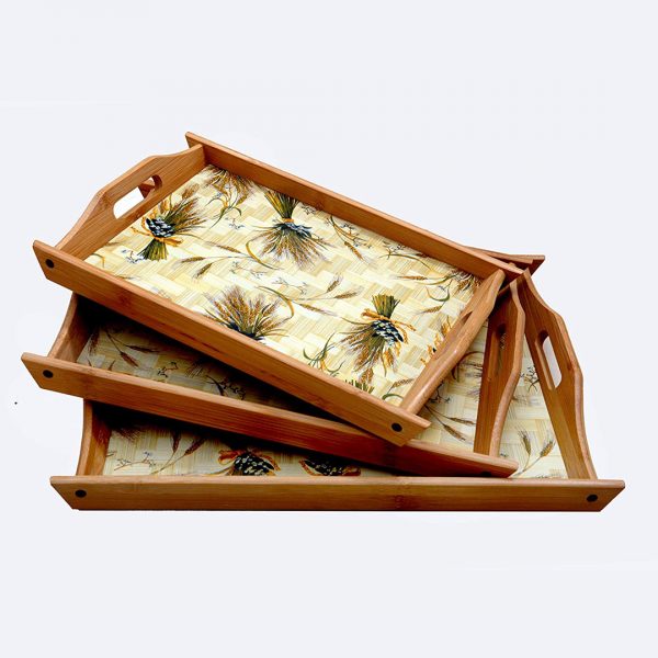 et of 3 Bamboo Wooden Printed Trays